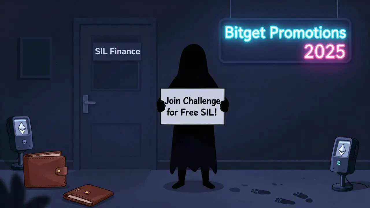 A shadowy figure offering a free SIL airdrop in front of a locked door, surrounded by empty wallets and fading promotions.
