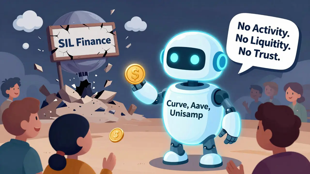A trustworthy DeFi robot giving real tokens while SIL Finance crumbles into dust like a deflated balloon.