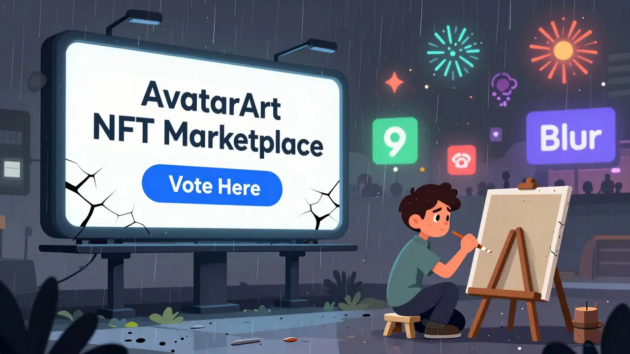 An artist facing a blank canvas as a failed NFT platform crumbles in the background.