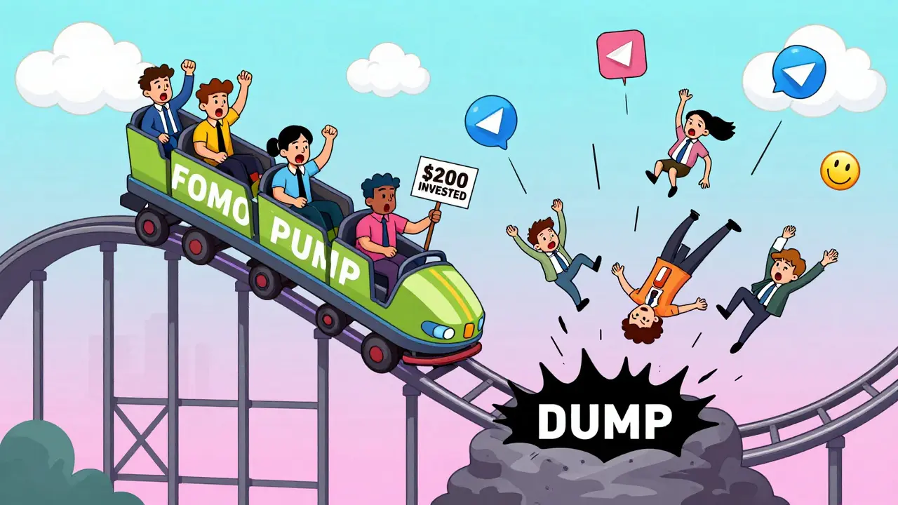 Cartoon rollercoaster labeled 'Pump &amp; Dump' with investors falling as the ride plummets into a black hole.