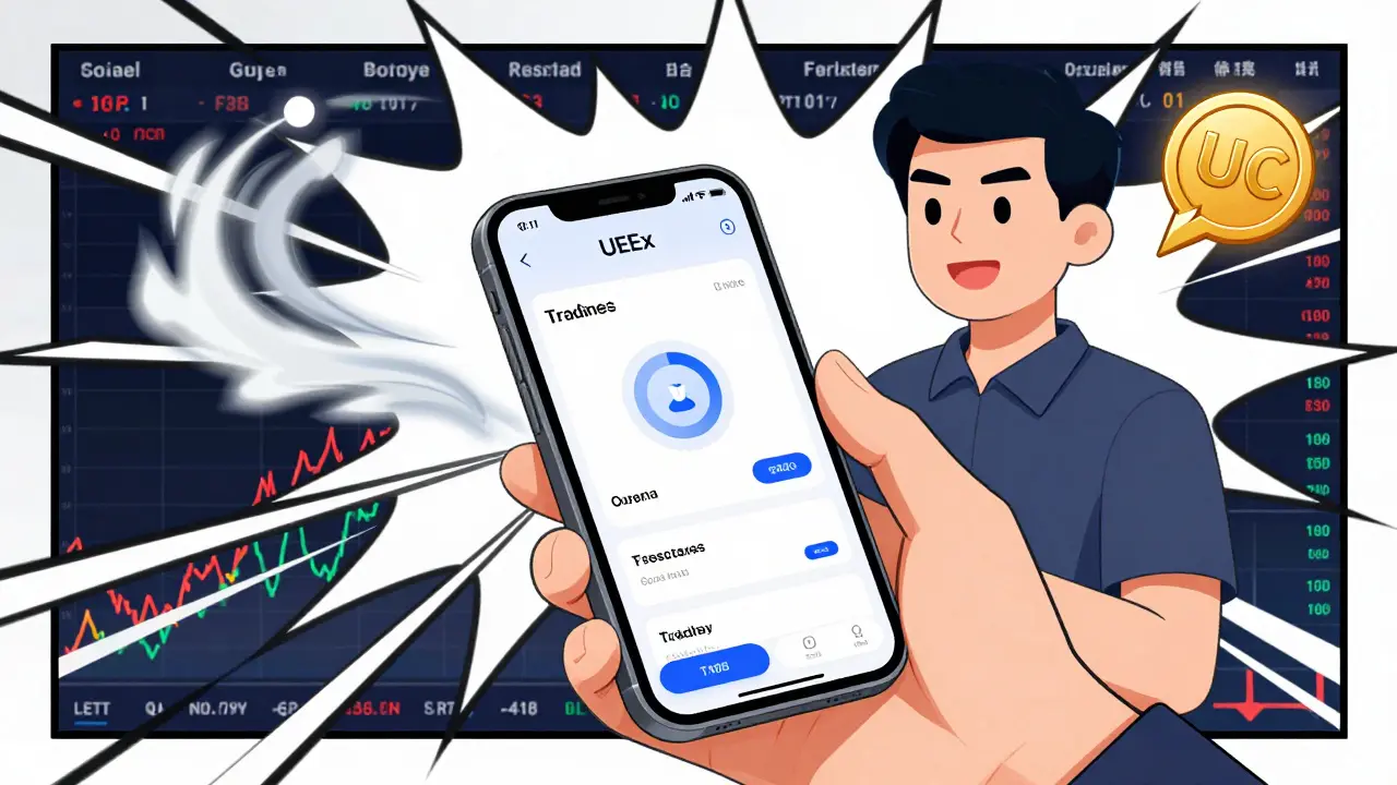 Cartoon trader using copy trading feature with mentor avatar mirroring trades on mobile app
