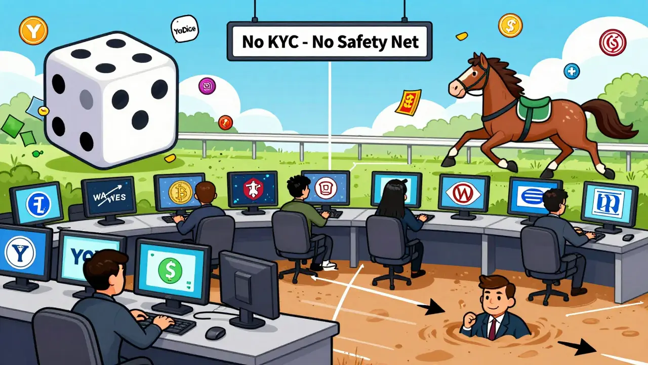 Chaotic trading floor with obscure coins, dice games, and horse races under a 'No KYC' sign.