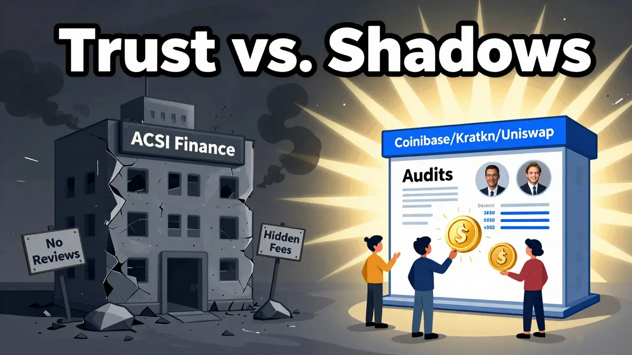 Contrast between a crumbling anonymous exchange and a transparent, trusted one.