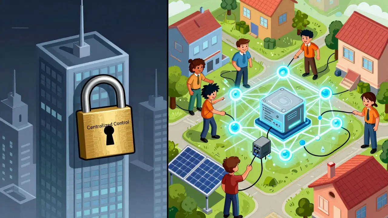 Contrasting corporate control vs. community-powered decentralized infrastructure in cartoon style.