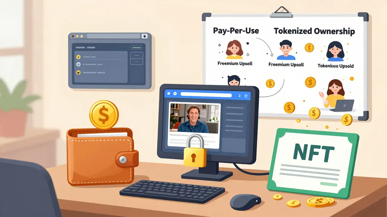 Digital workspace with smart contract models: micropayments, subscriptions, and NFT royalties.