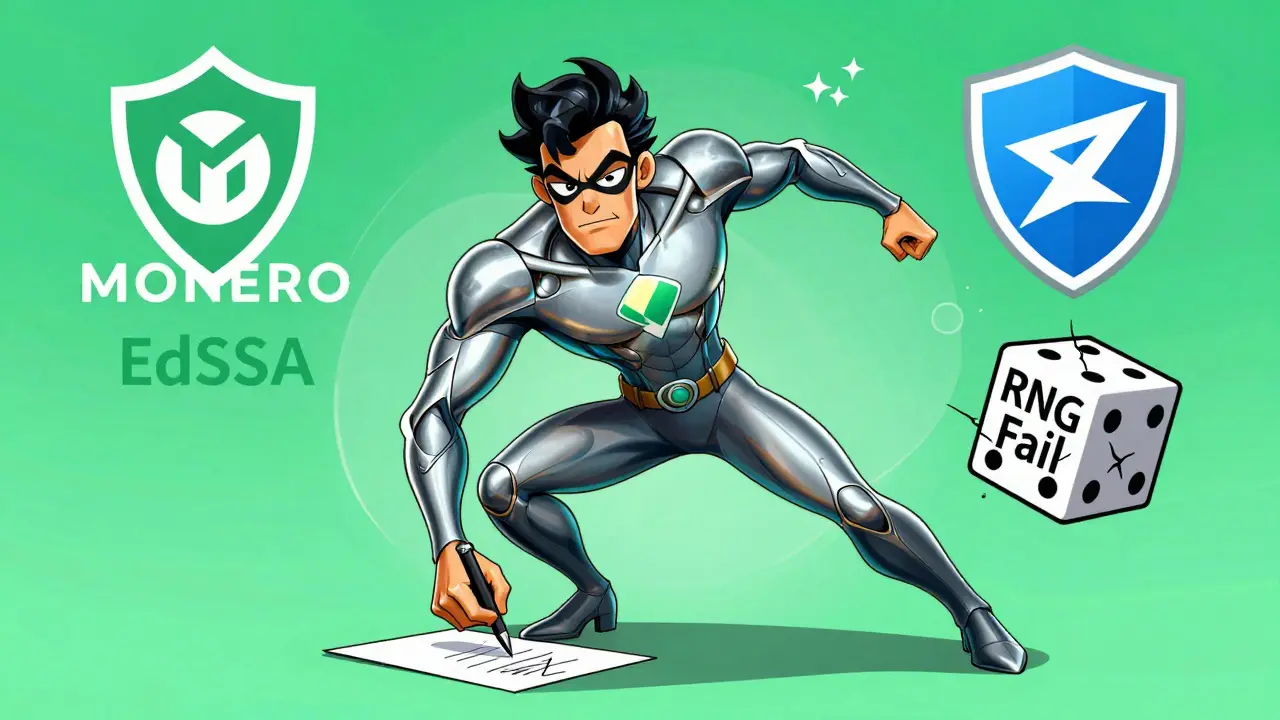 EdDSA superhero signing securely without dice, while ECDSA struggles with a broken random number generator.