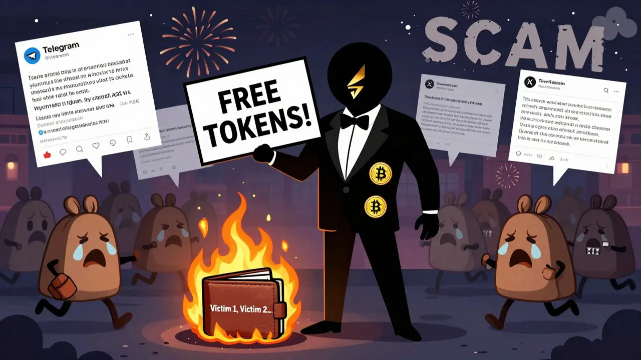 Faceless scammer in crypto-themed tuxedo holds 'FREE TOKENS' sign while wallets burn.