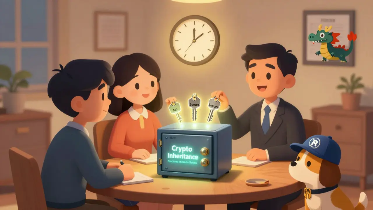 Family placing three keys into a safe labeled 'Crypto Inheritance' with a hacker locked out.