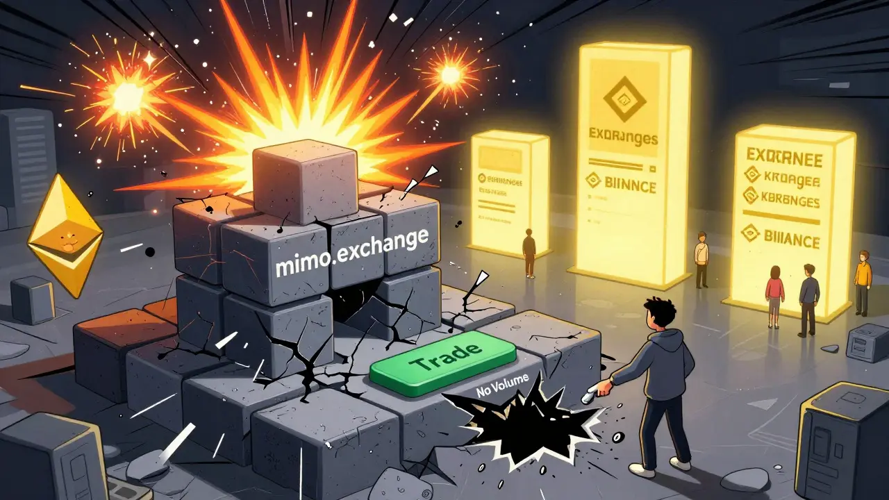 Fragile digital platform crumbling under gas fees while major exchanges shine brightly in the background.