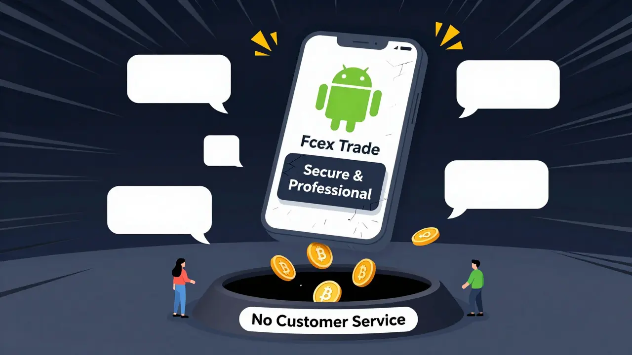 Fraudulent Fcex app icon dropping crypto into a black hole with zero downloads.