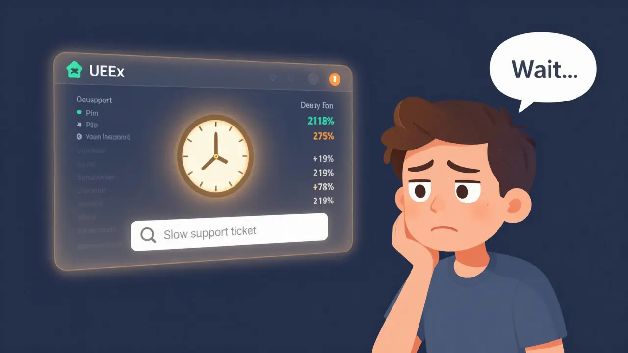 Frustrated user waiting for slow customer support while UEEx platform runs smoothly in background