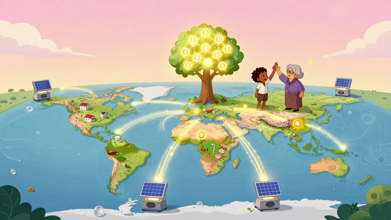 Global map covered in tiny devices sharing crypto tokens across continents in a whimsical cartoon style.