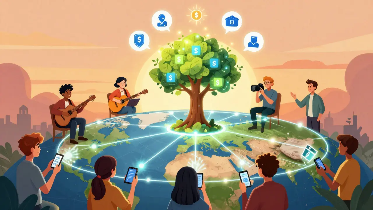 Global network of creators connected by blockchain to a glowing tree of digital assets.
