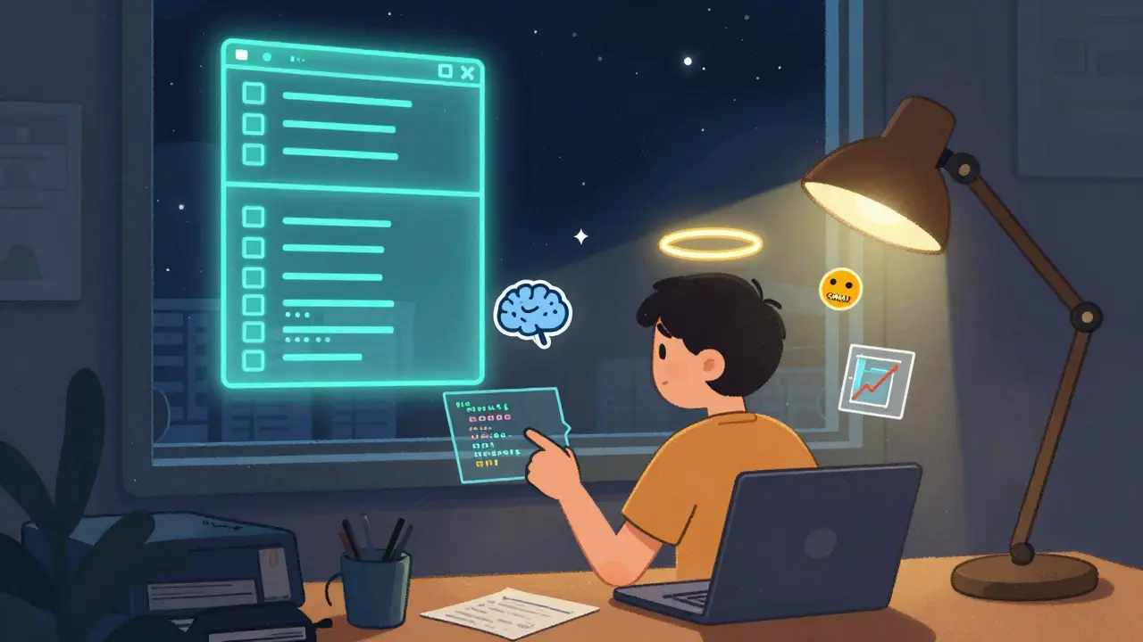 Lone programmer with floating code and a COMAI token halo, surrounded by AI icons under a dim lamp.