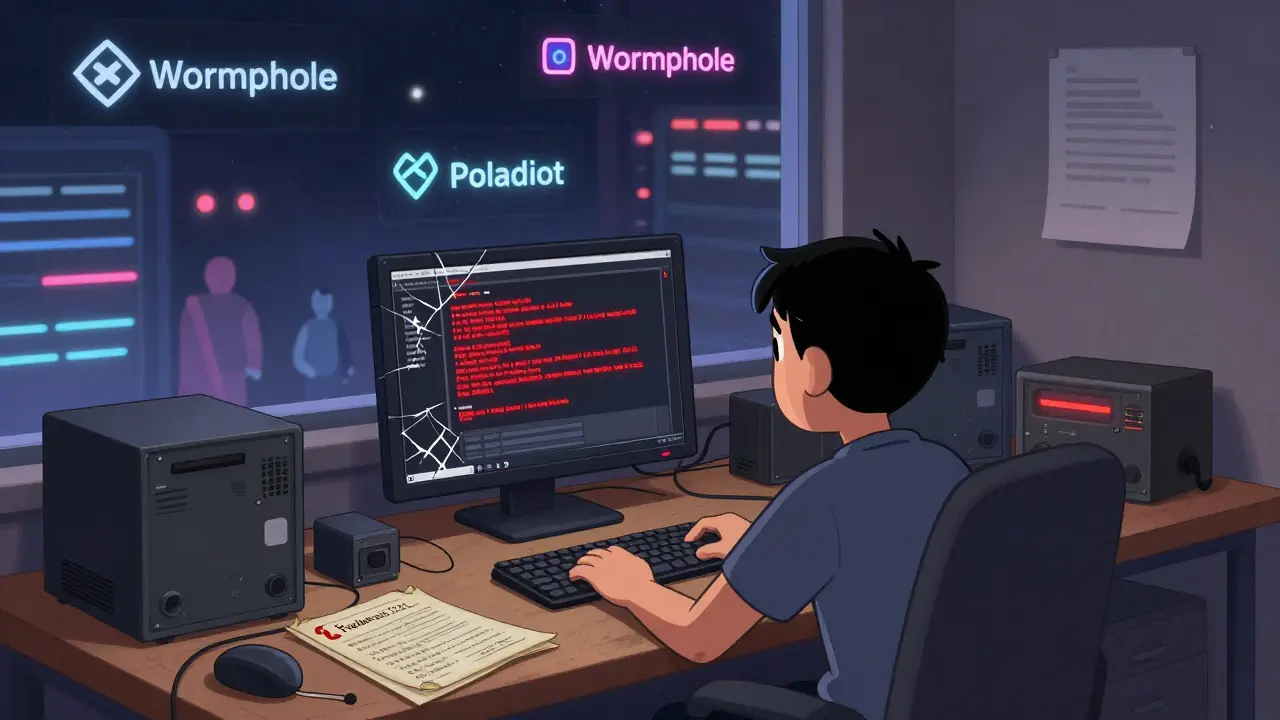 Lonely developer surrounded by outdated Fusion documentation, facing a dead staking portal while other chains thrive outside.