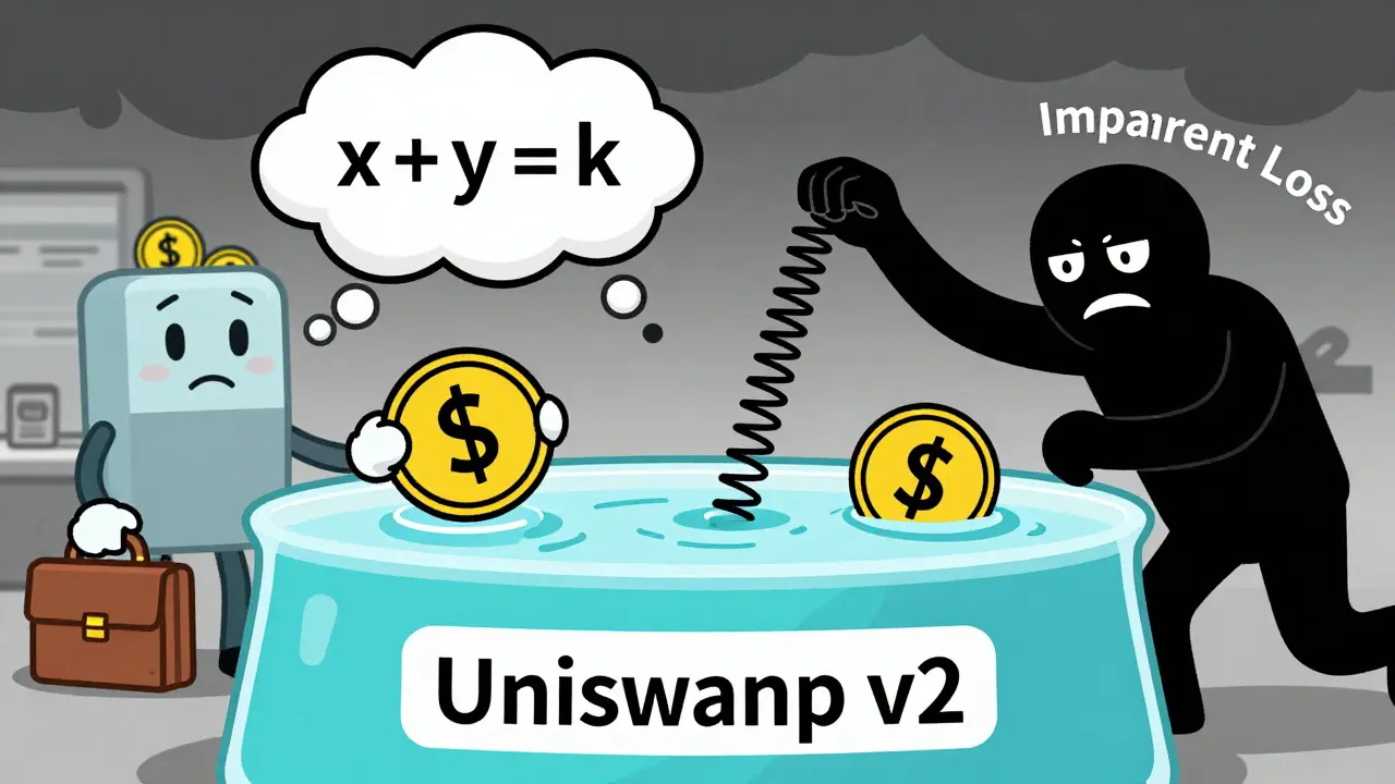 Nervous investor placing tokens into a wobbly pool while impermanent loss looms overhead.