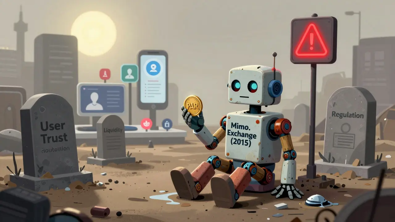 Outdated robot in a tech graveyard holding a melting token, surrounded by modern crypto platforms.