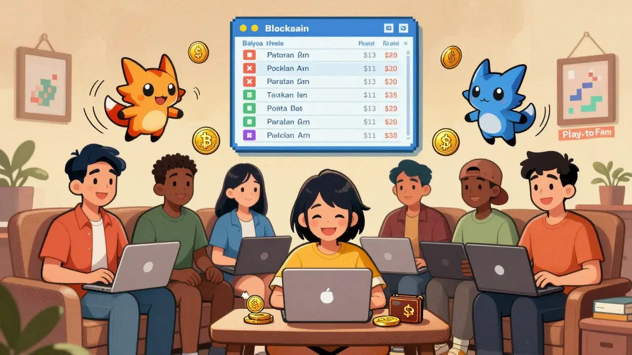 Players in Southeast Asia earning crypto tokens from Axie creatures, with a floating blockchain ledger above them.
