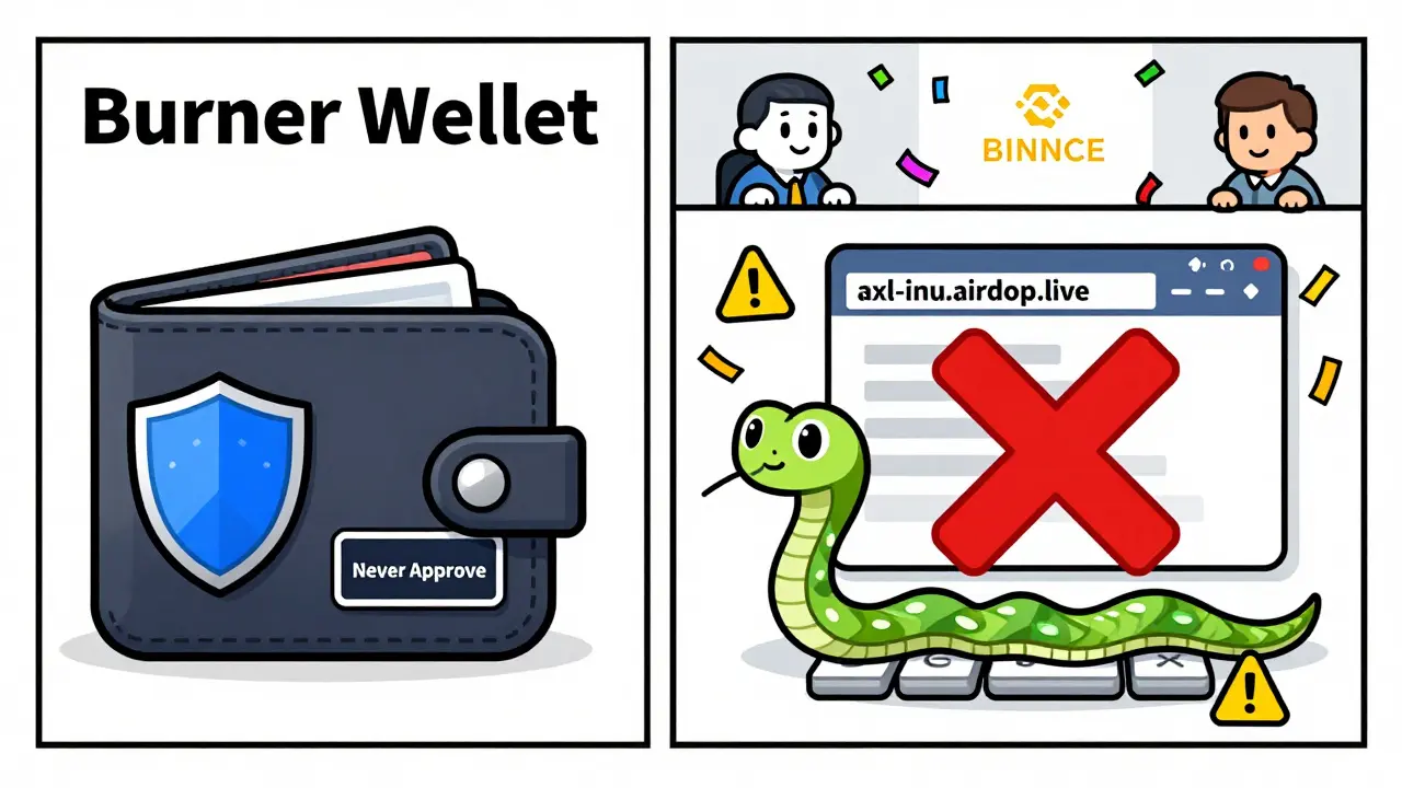 Split cartoon panel: safe wallet vs drained wallet with phishing site and warning symbols.