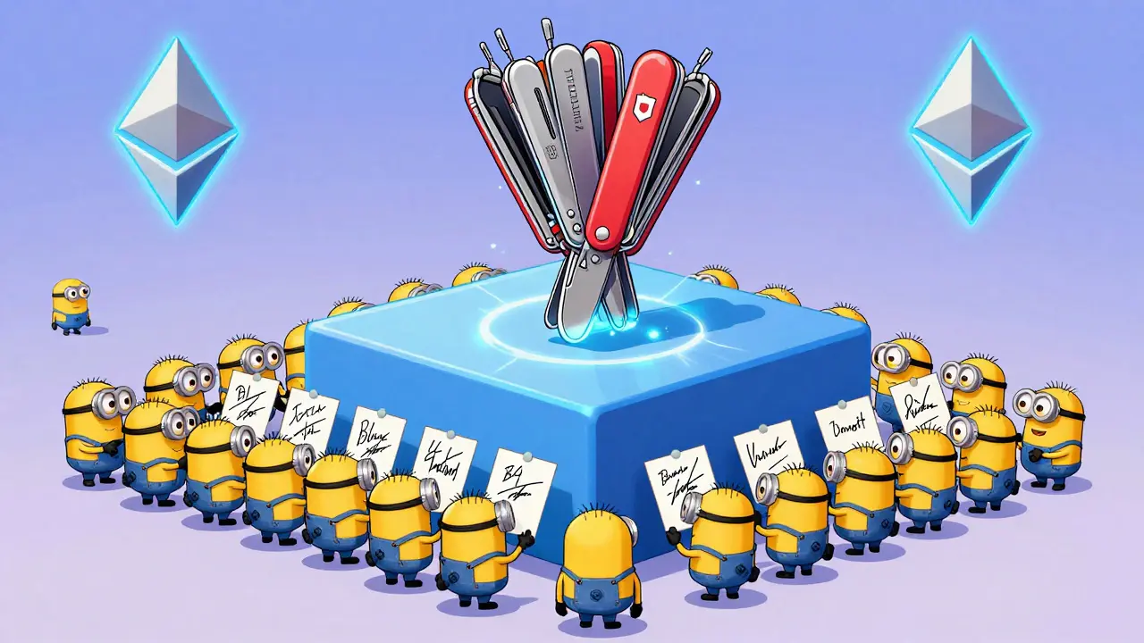 Thousands of validators merging signatures into one BLS signature on a giant blockchain block.