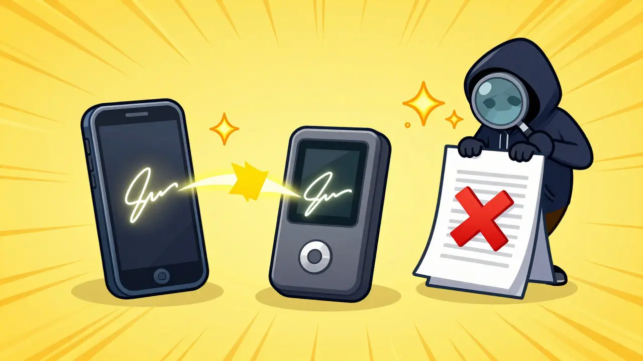 Three devices signing a crypto transaction, one hacker trying and failing to steal a key.