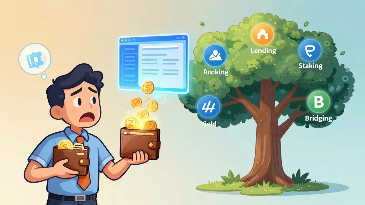 Trader choosing between a $ZZ wallet with fee income and a big Arbitrum DeFi ecosystem tree.