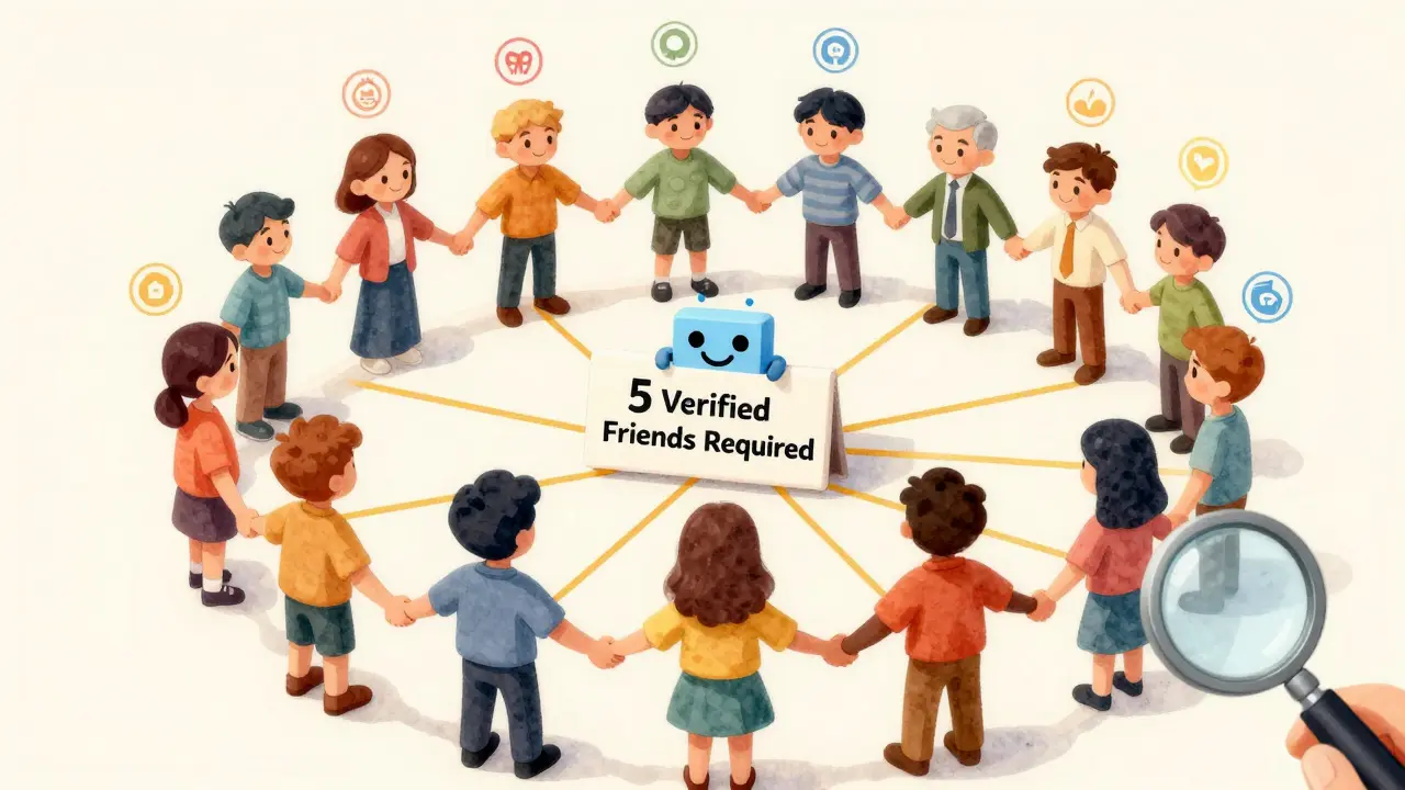 Users connected by trust lines with stamps, blocking a fake identity