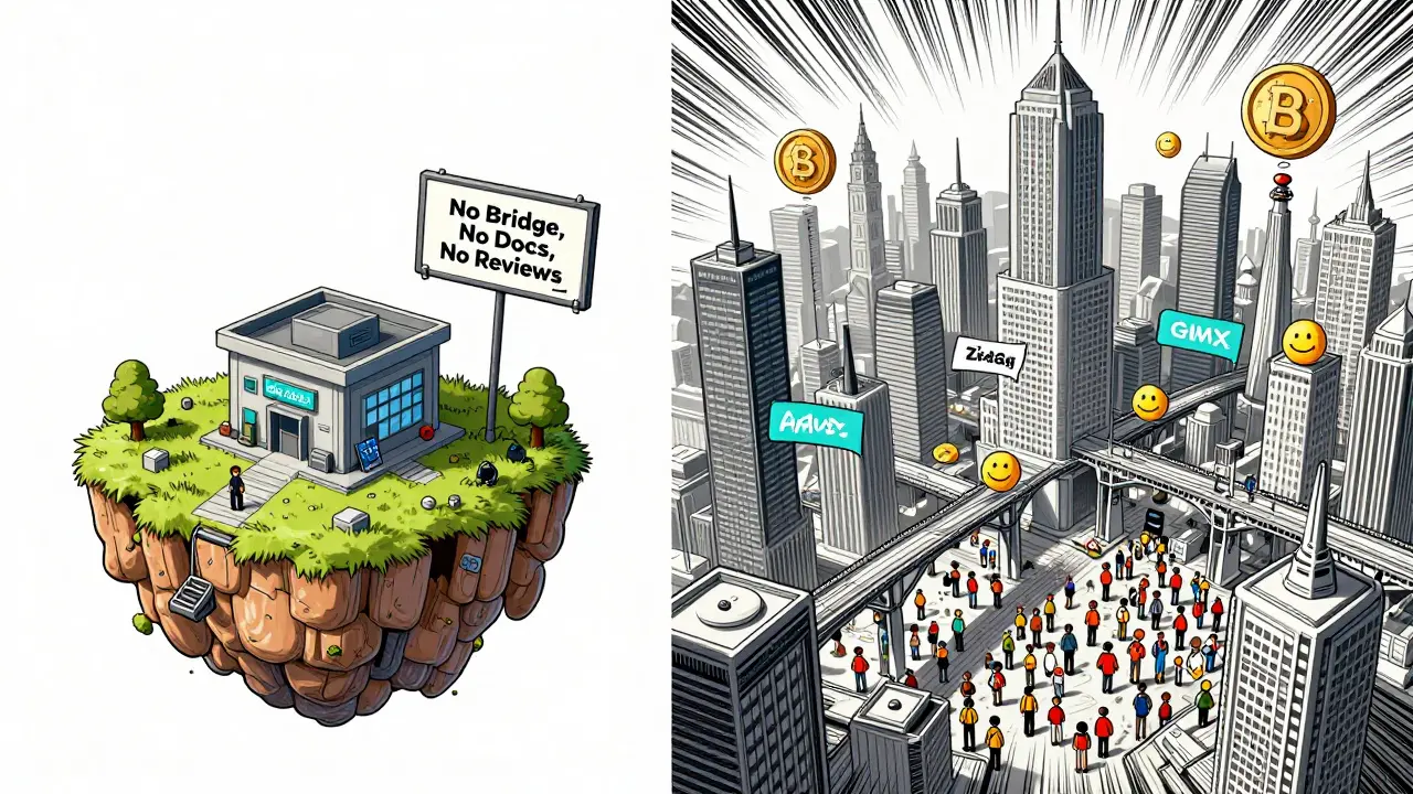 ZigZag's lonely island vs Arbitrum's bustling DeFi city with connected apps and happy users.