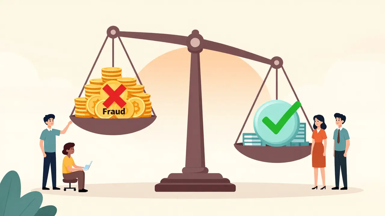 A balanced scale weighs fraudulent crypto coins against honest blockchain innovation, signaling a new era of clarity.