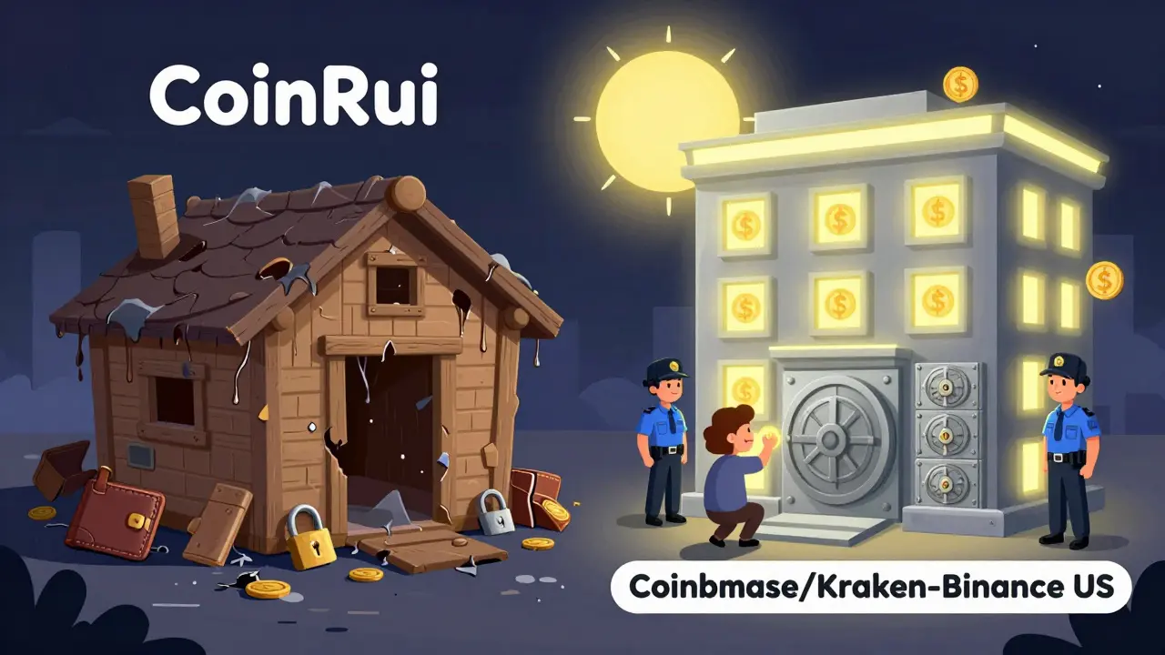 A comparison between a broken exchange and secure, well-maintained crypto platforms.