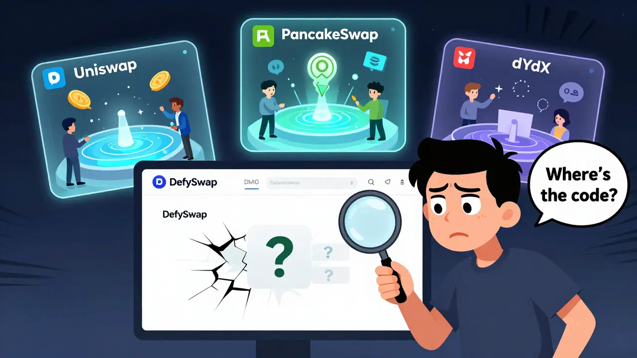 A confused user examines a blank DefySwap page while vibrant, active DEX platforms operate behind them with glowing liquidity and community avatars.