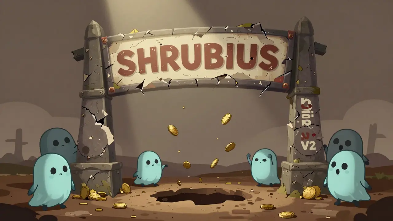 A crumbling 'SHRUBIUS' sign leans beside a broken exchange arch, with bots tossing coins into a pit.