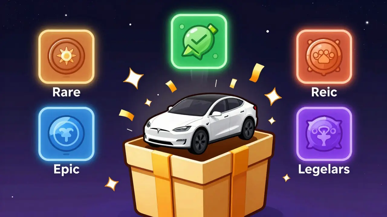 A digital wallet opens to reveal a tiny Tesla car inside a rare NFT, surrounded by sparkling effects.