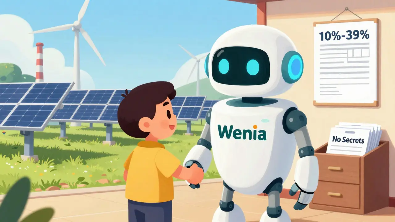 A friendly robot named Wenia shaking hands with a person, while a renewable-powered crypto mining farm operates nearby.