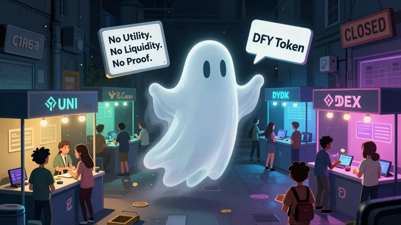 A ghostly DFY token drifts through a lively crypto market, ignored by bustling booths for UNI, CAKE, and DYDX with staking and governance activity.