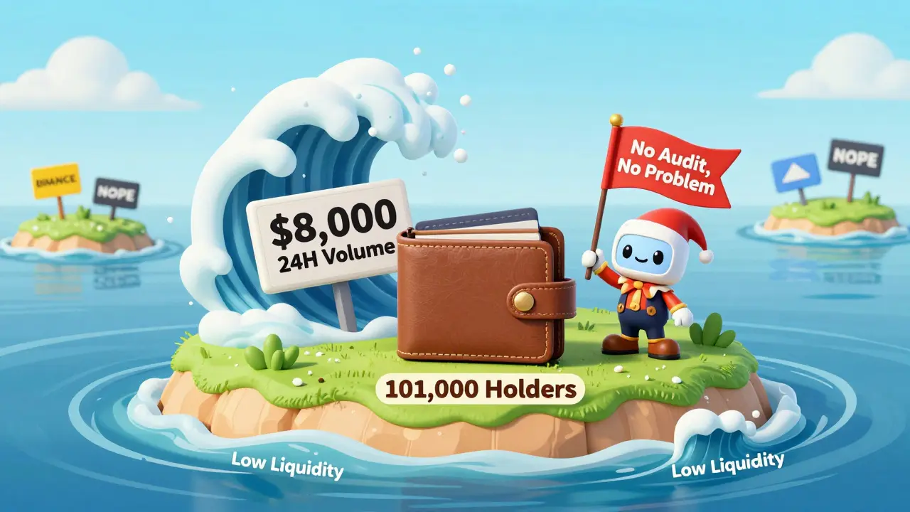 A lone wallet on a small island surrounded by low-volume waves, with a clownish AI bot waving a 'No Audit' flag.