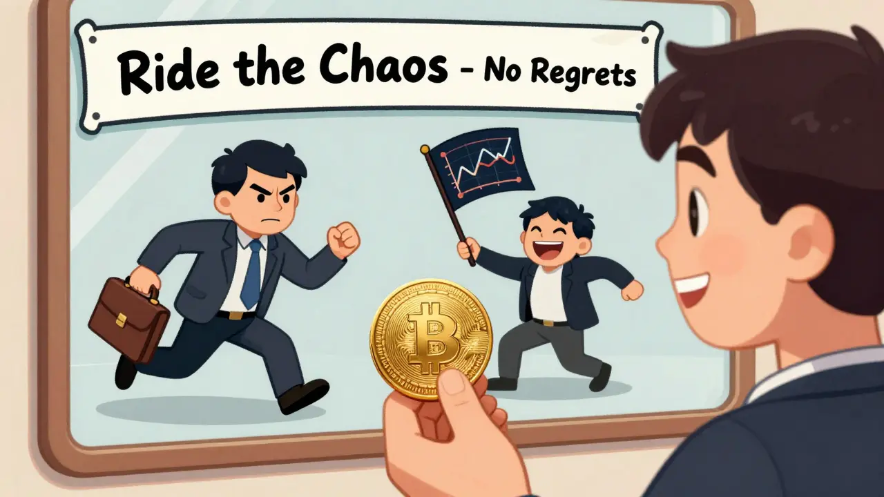 A person holding a DEGENC token like a lottery ticket, reflecting two versions of themselves in a mirror.