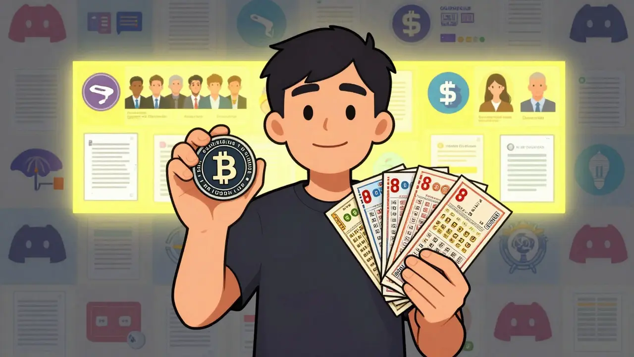 A person holds a worthless token beside lottery tickets, while legitimate crypto projects shine in the background.