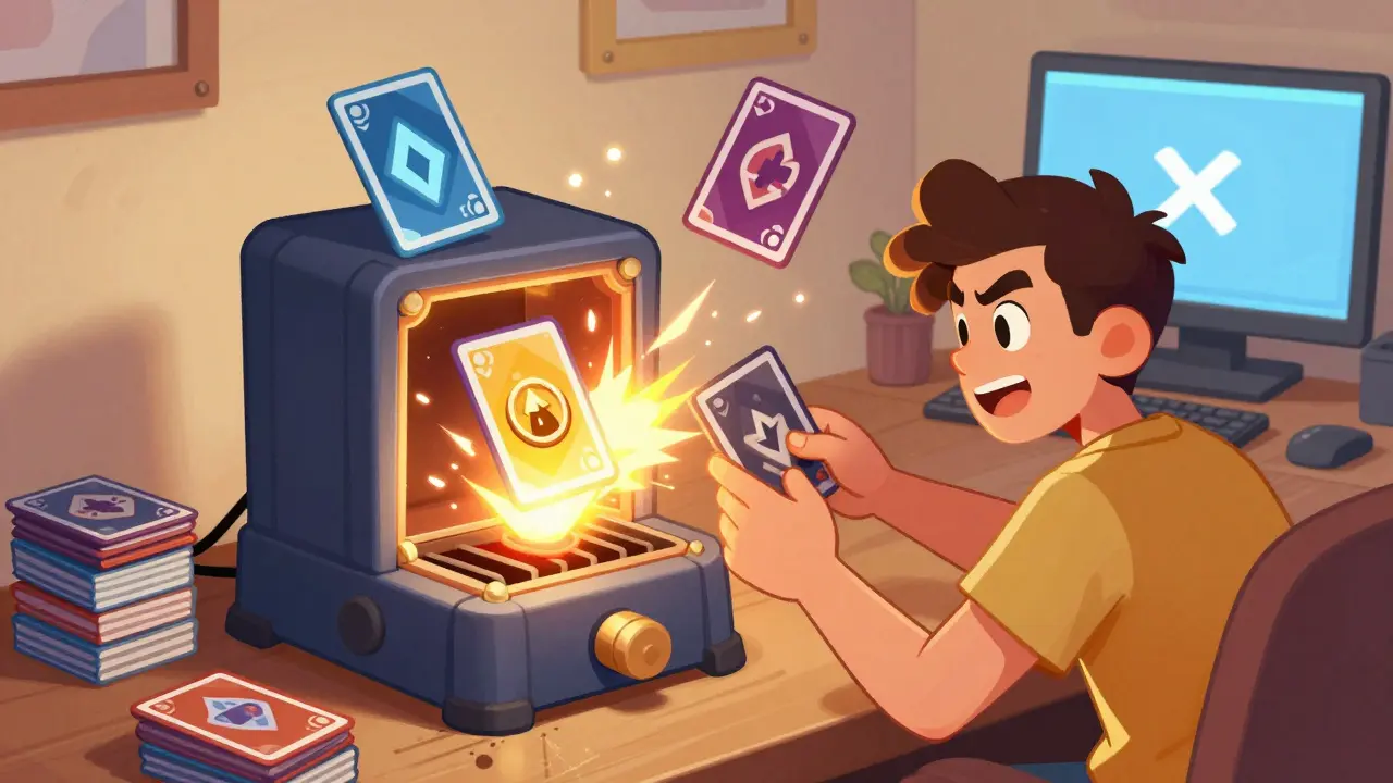 A player uses a glowing forge to fuse two common cards into a rare NFT, surrounded by card packs and a blockchain interface.