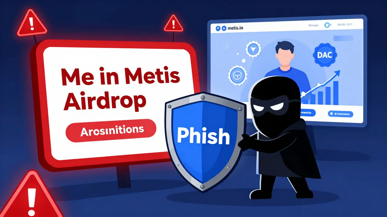 A scam website with red warnings blocked by a METIS shield, while a user stakes tokens on the official site.