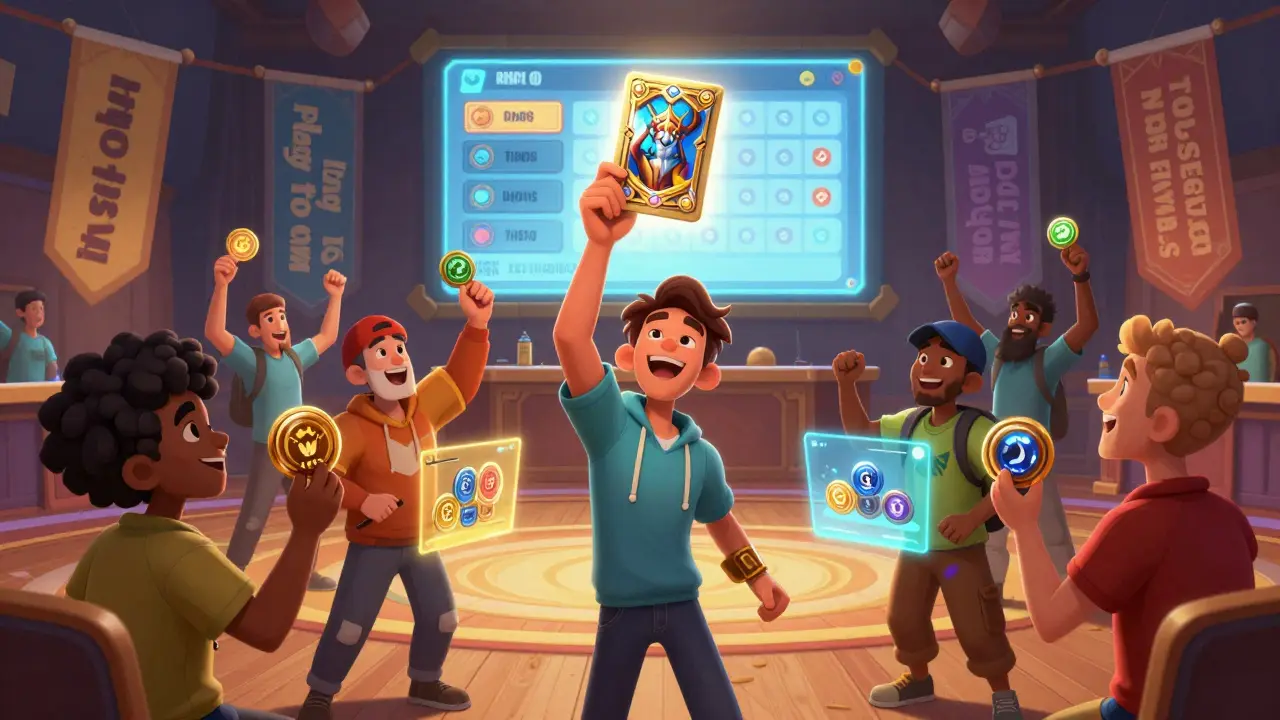 A tournament hall filled with players celebrating a rare card win, with GODS tokens and voting holograms in the background.