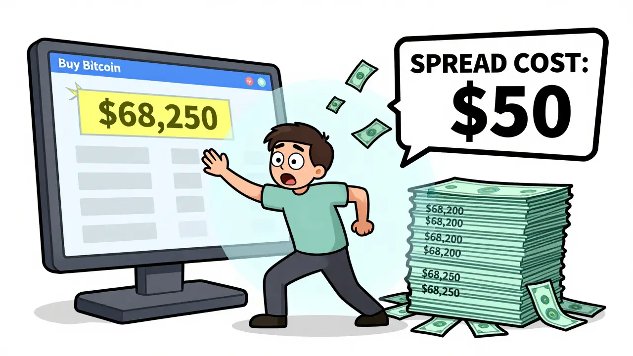 A trader shocked as their Bitcoin purchase price is higher than expected due to a wide bid-ask spread.