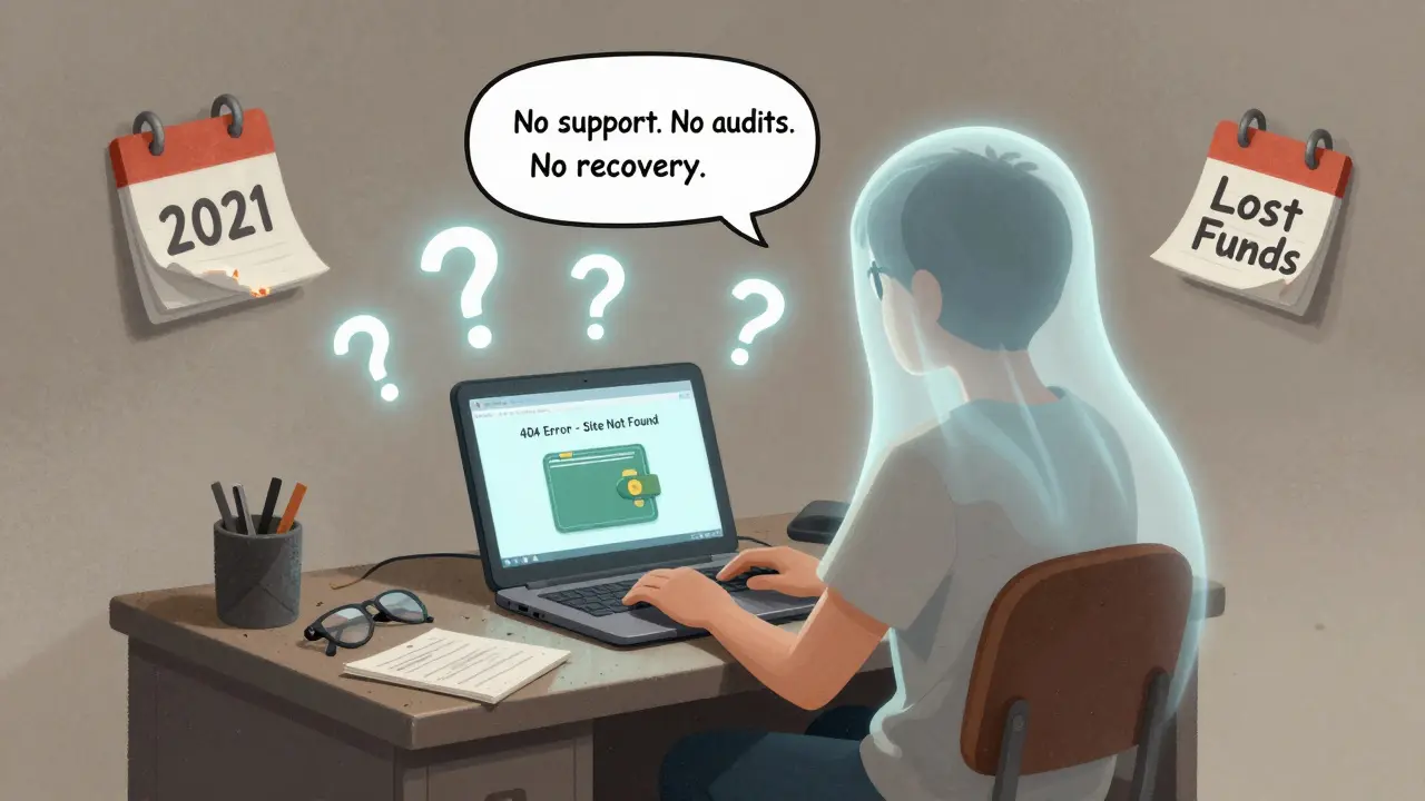 A user facing a '404 Error' screen surrounded by question marks and a ghostly lost wallet.