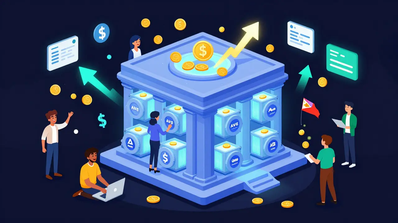 A whimsical decentralized finance hub where users earn interest from glowing crypto vaults with global participants.