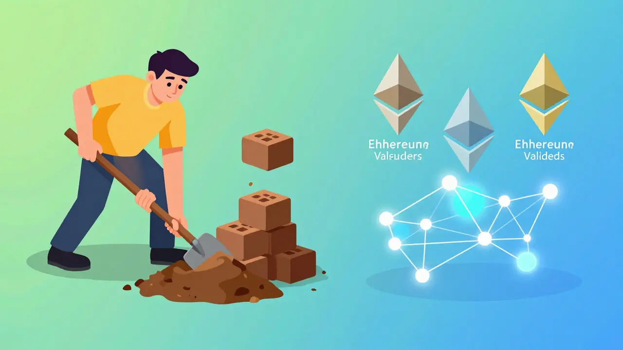 Bitcoin miners and Ethereum staking validators side by side.