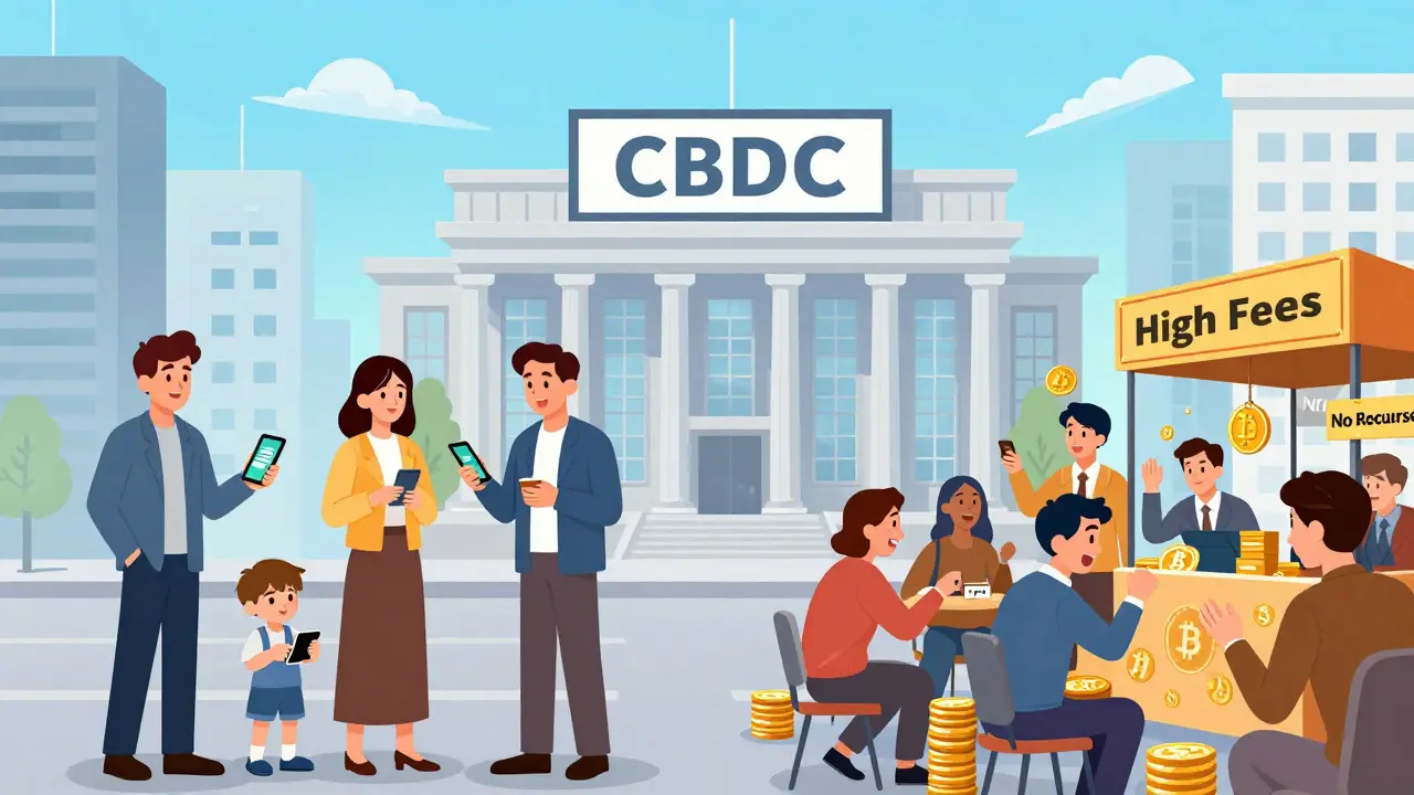 Cartoon comparing orderly CBDC payments in a city to chaotic crypto trading with warning signs.