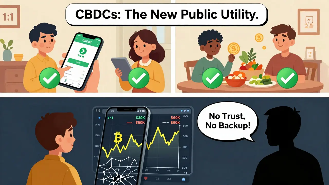 Cartoon diptych: happy family using stable CBDCs vs. lonely person stressed by volatile Bitcoin prices.