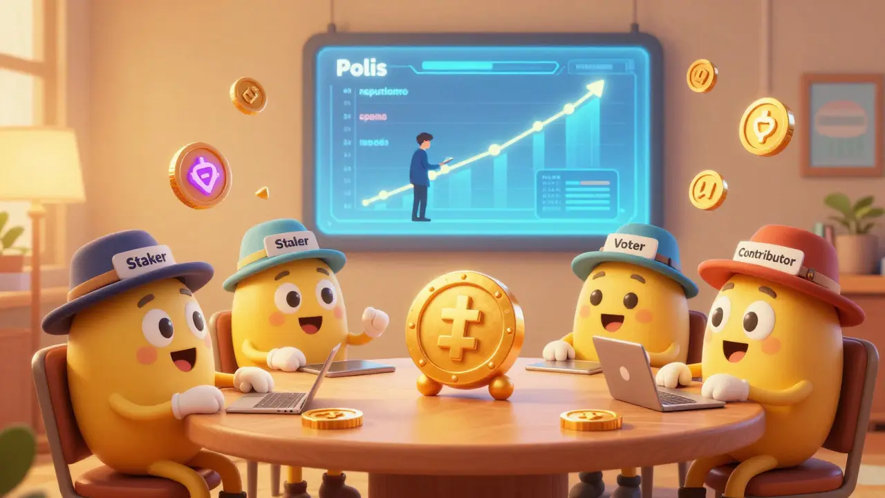 Cartoon tokens in a DAC meeting room, Polis dashboard tracking reputation, NFT icons floating around.