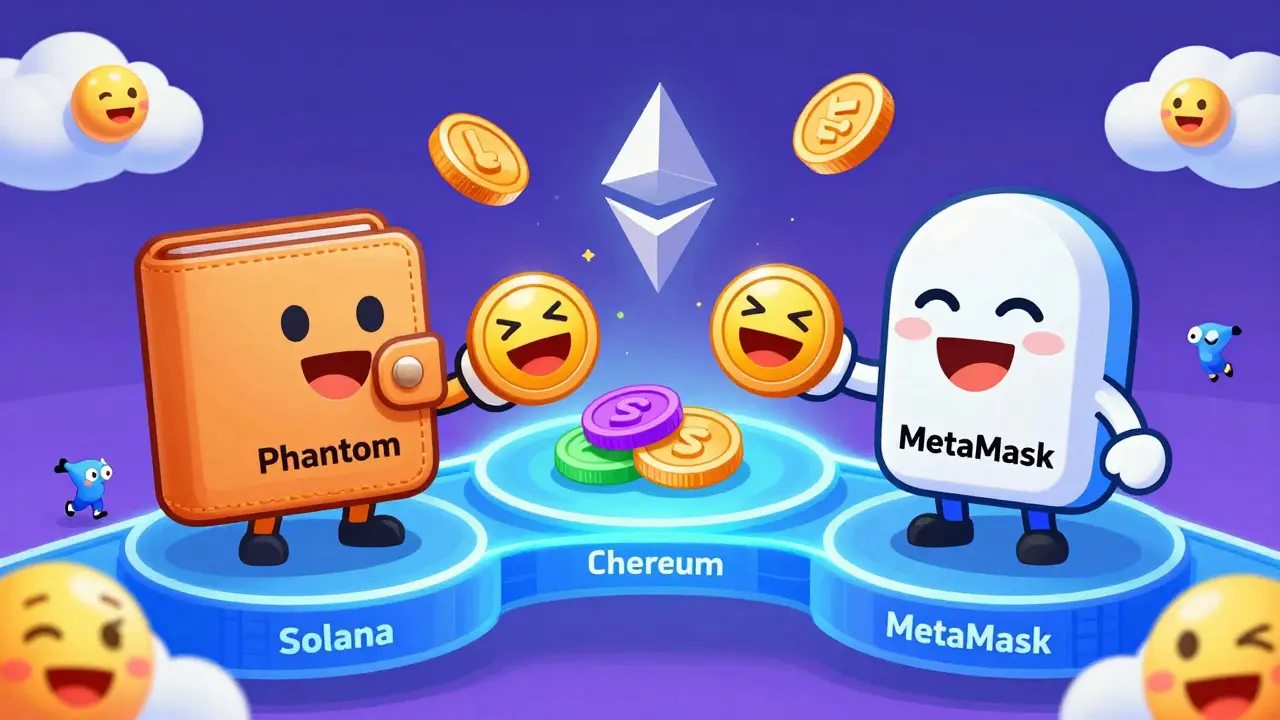 Cartoon wallets exchange laughing LOLCOIN tokens on glowing Solana and Ethereum blockchain bridges.