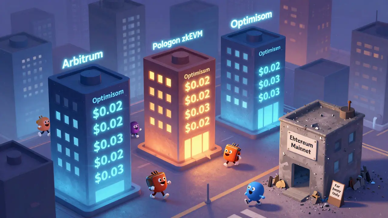 City of Layer 2 blockchains glowing with low fees, Ethereum mainnet quiet in the corner.
